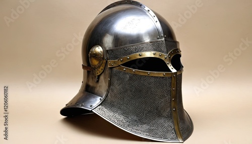 Casque de chevalier médiéval terni avec des gravures métalliques détaillées, Antique, armure, affrontement, combat, combattant, historique