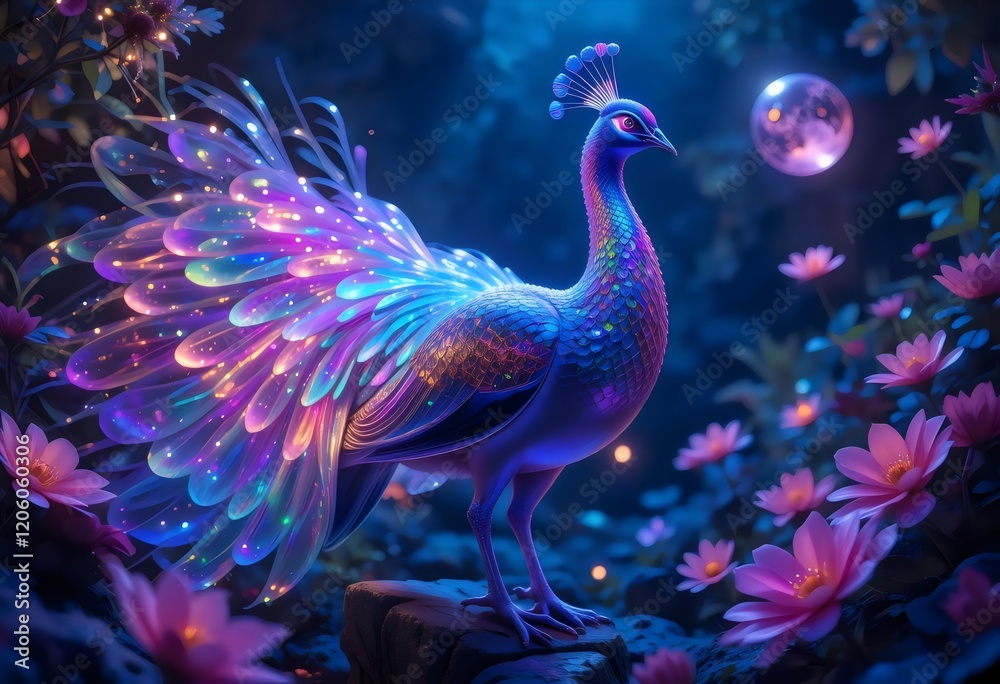 Fototapeta premium Peacock with glowing tail in a fantasy garden