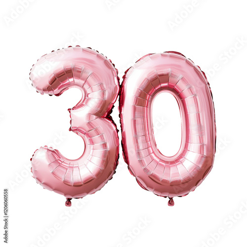 Two pink metallic balloons forming the number 30 against a clean white background. Perfect for birthday, anniversary, or milestone celebration concepts.