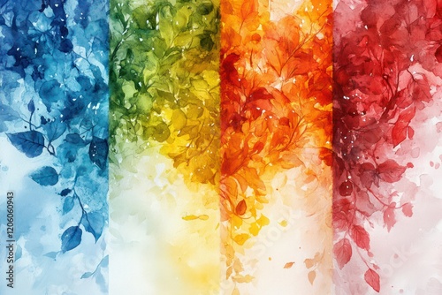 Abstract representation of the four seasons in one image, each season's colors blending seamlessly in watercolor.