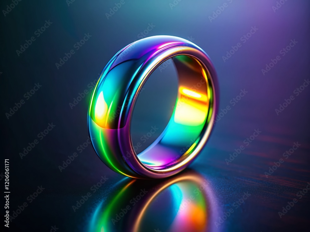 Iridescent Ring on Dark Reflective Surface - Glowing Jewelry Stock Photo Iridescent Ring on Dark Reflective Surface - Glowing Jewelry Stock Photo