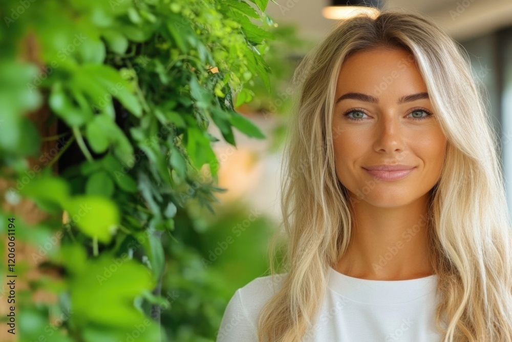Caucasian young female smiling beside indoor greenery with natural light Caucasian young female smiling beside indoor greenery with natural light