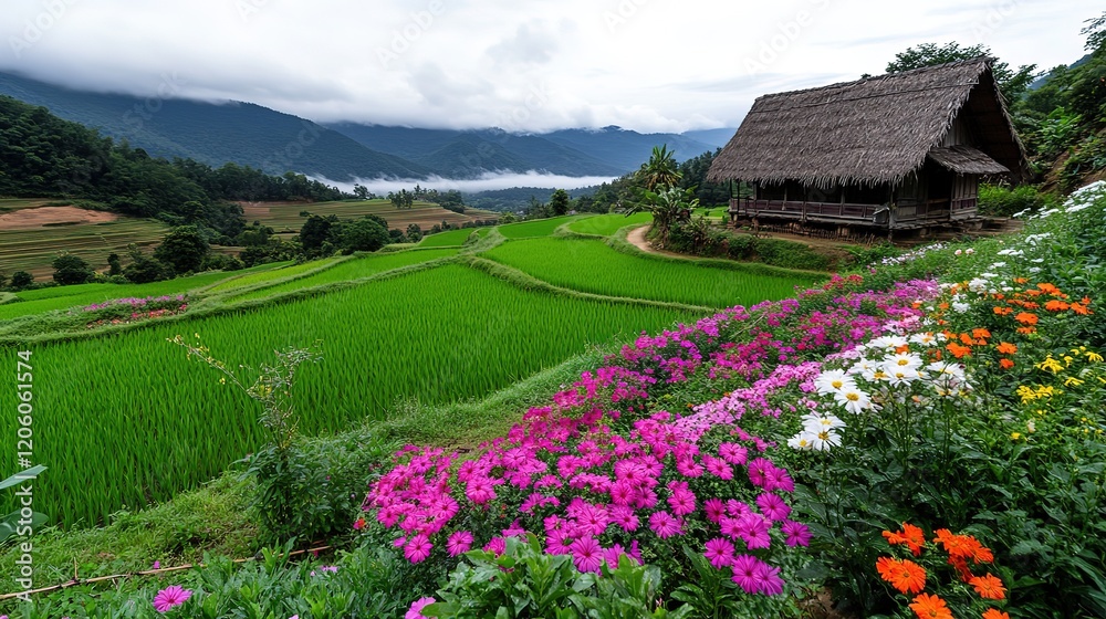 spring time at rural countryside with green lush grass field and a small cottage with flower bloom, peaceful lifestyle spring time at rural countryside with green lush grass field and a small cottage with flower bloom, peaceful lifestyle