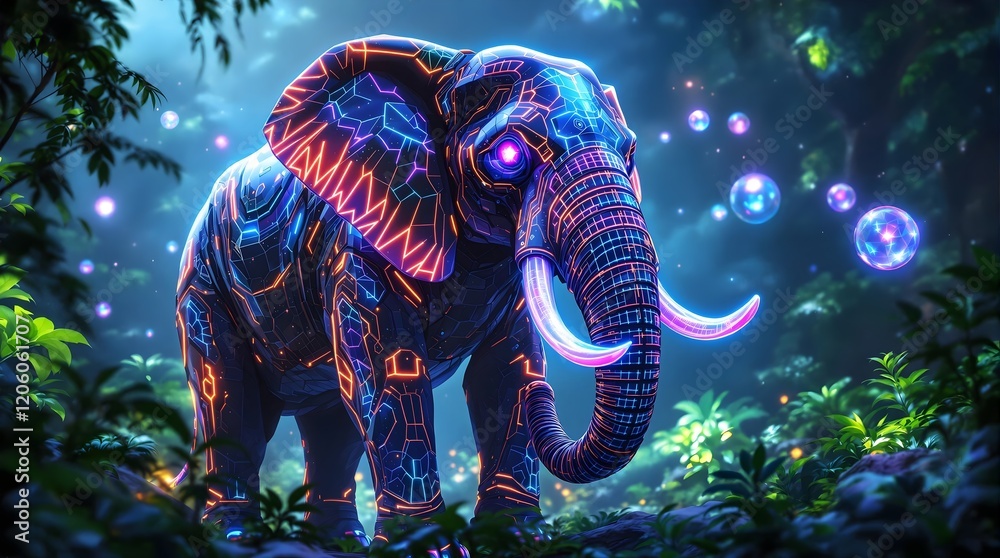 Obraz premium Neon elephant in a glowing jungle with bubbles