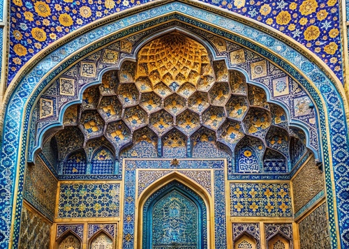 Isfahan Iran, Sheikh Lotfollah Mosque Portal, Naqsh-e Jahan Square, Persian Architecture, Colorful Tilework, Detailed Close-up photo