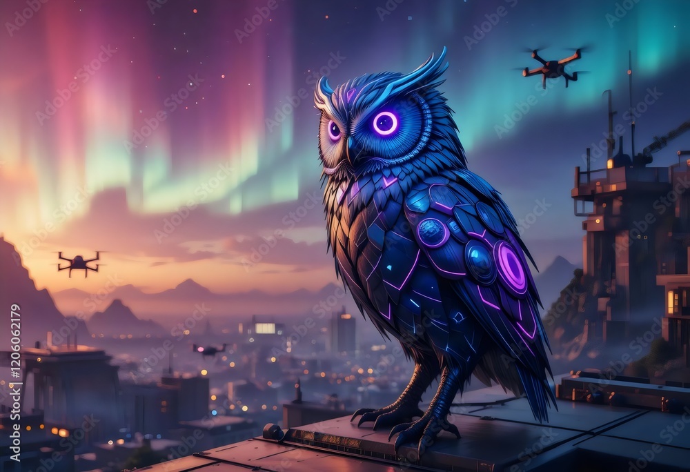 Fototapeta premium Neon owl on a rooftop with aurora borealis