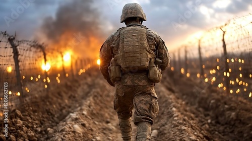 modern warfare, soldiers walking on muddy ground with fire burnin, great war battlefield  photo