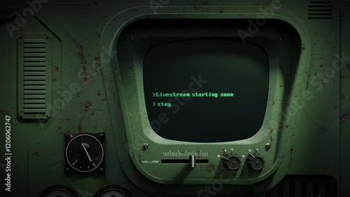 3D Render SciFi dystopian battered metal Control Panel. On a small TV screen appears Computer retro style Text. Livestream starting soon. Preloader. Connection breaking up glitch effect.