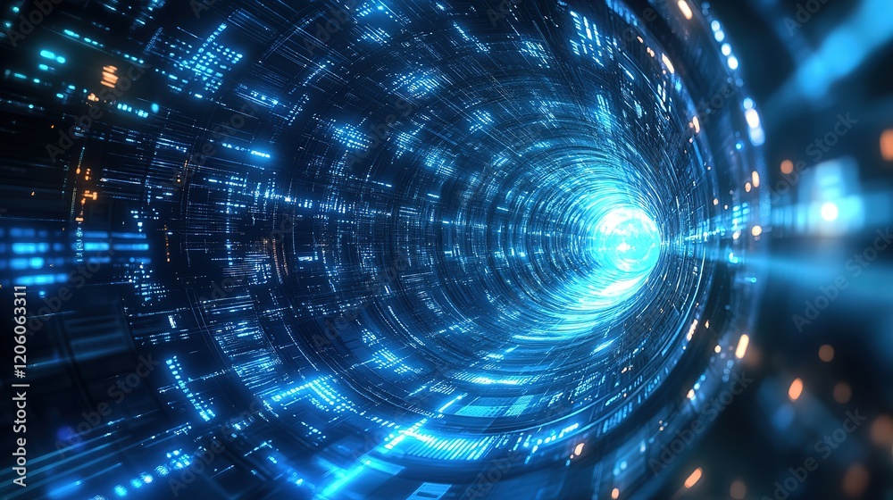 Obraz premium futuristic technology tunnel light glow galaxy space journey, light glow on dark, circuit glitch pattern 