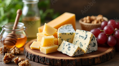 Assortment of cheese on wooden table, closeup. Dairy products. Cheese Selection. Large assortment of international cheese specialities. photo