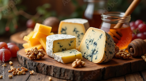 Assortment of cheese on wooden table, closeup. Dairy products. Cheese Selection. Large assortment of international cheese specialities. photo