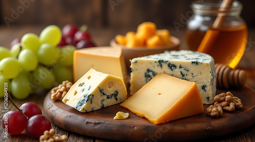 Assortment of cheese on wooden table, closeup. Dairy products. Cheese Selection. Large assortment of international cheese specialities. photo