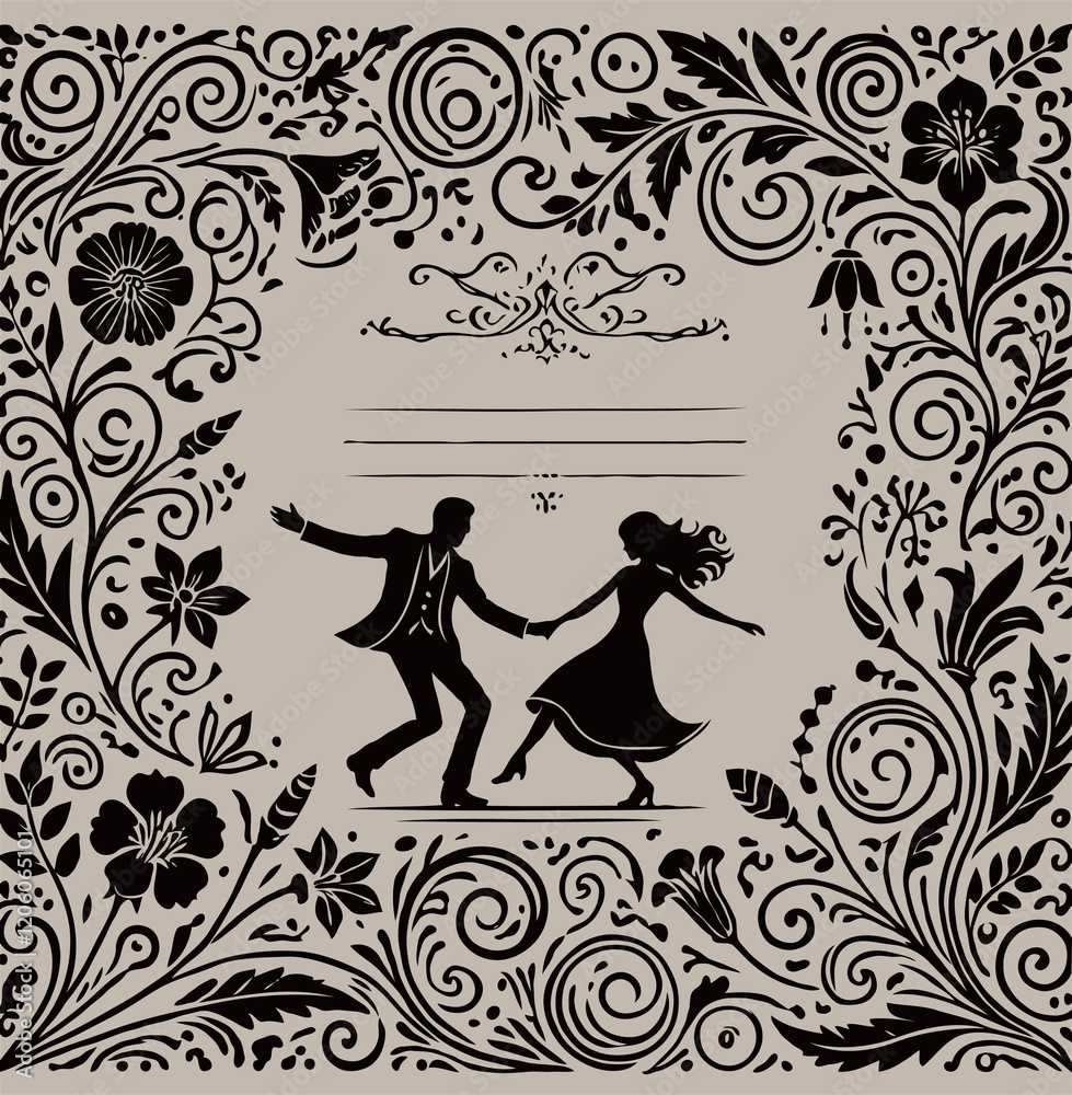 Fototapeta premium Vintage Wedding invitation card with bride and groom. Romantic couple dancing. Wedding Couple. Timeless in vintage baroque frame, couple dancing ballroom dance, wreath of flowers and leaves ornament.