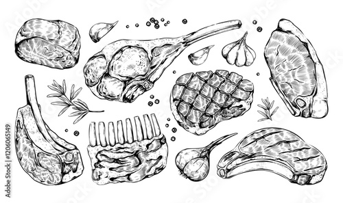 Meat sketch. Beef steak, grill food like bbq pork, vintage butchery lamb menu cover decorative. Piece of sirloin rib, raw ingredients. Kitchen hand drawn elements. Vector butcher graphic set