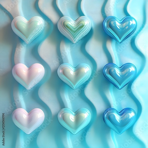  Pastel blue waves background with heart shaped as a pattern, St Valentine day concept.