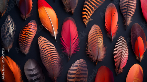 Collection of colorful vibrant feathers arranged artistically on dark background showcasing intricate patterns photo