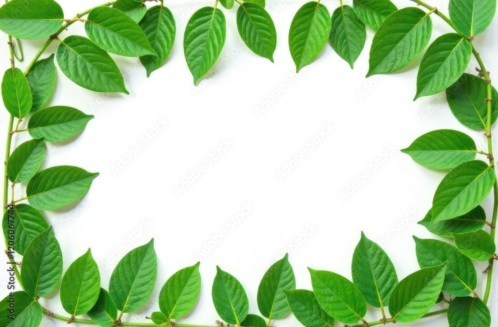 Green leaves as a frame on white paper background. Flat lay Green leaves as a frame on white paper background. Flat lay