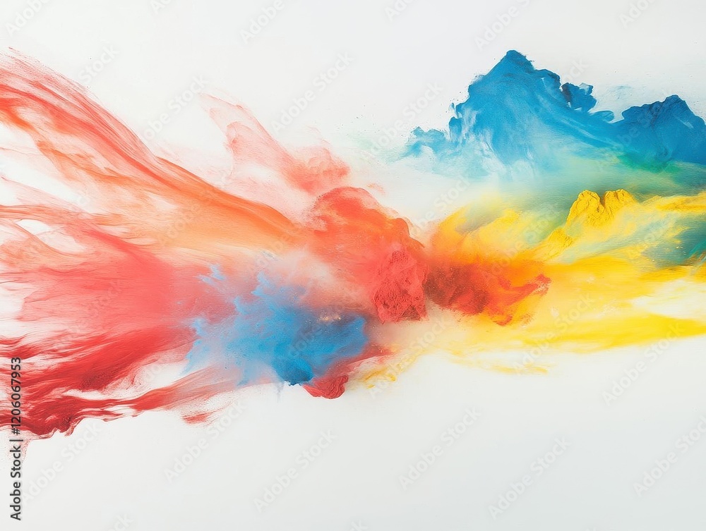Obraz premium vibrant powder paint explosion creating ethereal rainbow clouds against pure white background, frozen in time with high-speed photography