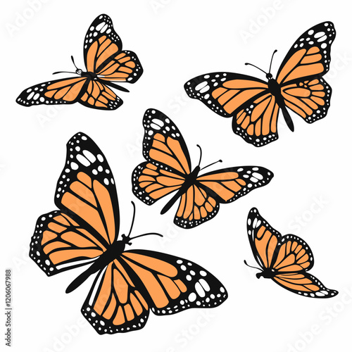 Six monarch butterflies in various positions 
