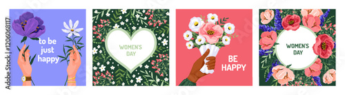 Women day. Spring flower bouquet, happy woman floral card or cute birthday mom poster, plant design. Hand hold beautiful blossoms. Vector cartoon flat style isolated flora illustration