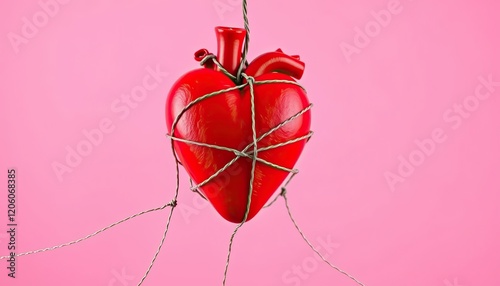  fOn a pink background, a red heart ensnared in a web represents an online dating scam, romance, love, bait, victim, and the internetuu- photo