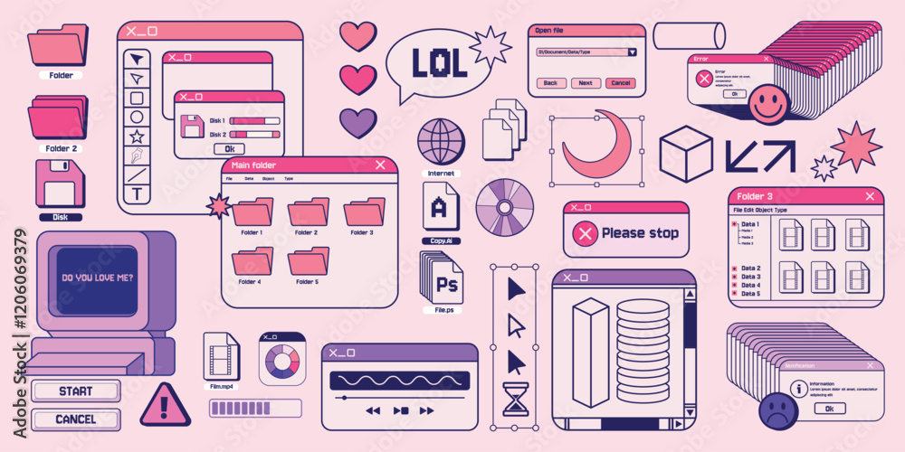 Y2k stickers. Retro vaporwave design. 2000s window aesthetic or kitsch psychedelic art. 90s web PC button. Error message. Document folder. Dashboard icons. Vector browser elements set