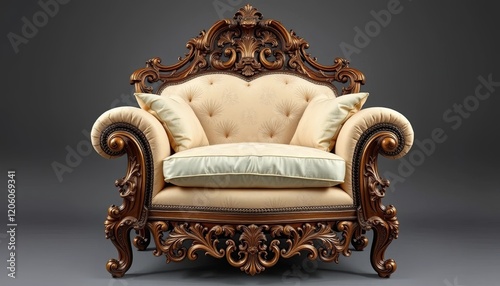  fA stunning, antique, opulent, and majestic baroque-style armchair with intricate carvings and sumptuous cushionsuu- photo