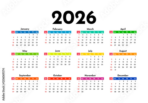Calendar for 2026 isolated on a white background