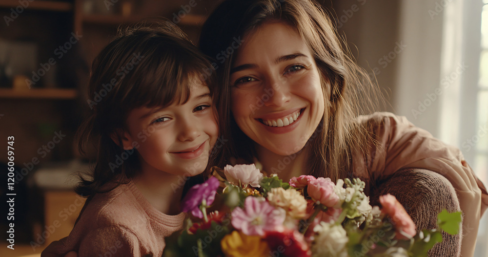 A smiling mother embraces her children, daughter, in a warm hug at home. They hold colorful flowers, celebrating their mom with love and joy on a beautiful and heartfelt Mother’s Day moment. A smiling mother embraces her children, daughter, in a warm hug at home. They hold colorful flowers, celebrating their mom with love and joy on a beautiful and heartfelt Mother’s Day moment.
