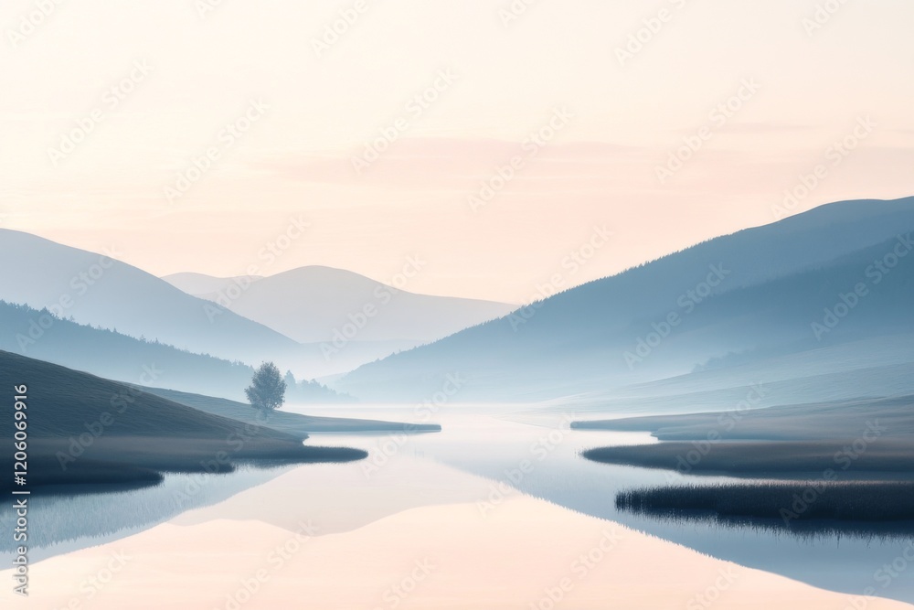 Fototapeta premium A calm river flows through the center with subtle reflections of the surrounding mountains