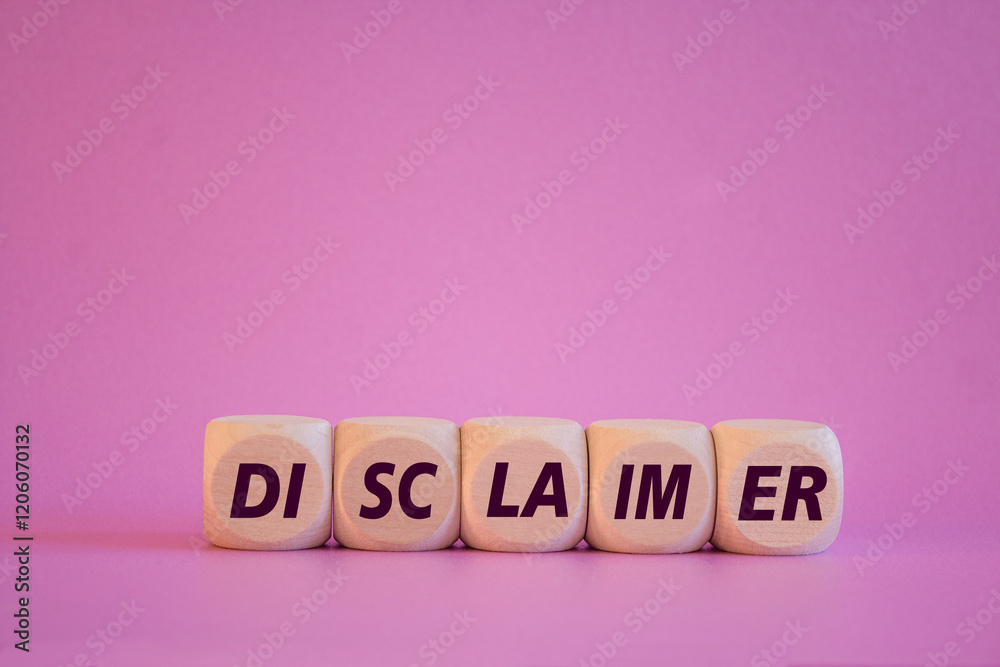 Writing the word Disclaimer on wooden cubes. Beautiful purple background. Info concept.