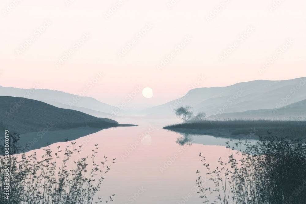 Fototapeta premium A calm river flows through the center with subtle reflections of the surrounding mountains