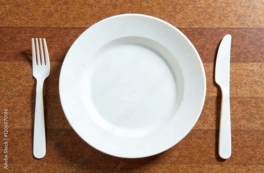 White plastic tableware on a wooden background White plastic tableware on a wooden background