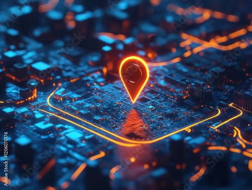 Wallpaper Mural 3d holographic map interface with glowing location pin hovering over detailed cityscape, futuristic navigation concept Torontodigital.ca