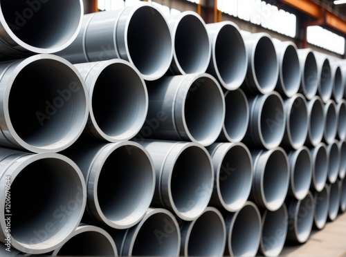 Stacked gray pipes ready for industrial use in a large warehouse space during the day photo