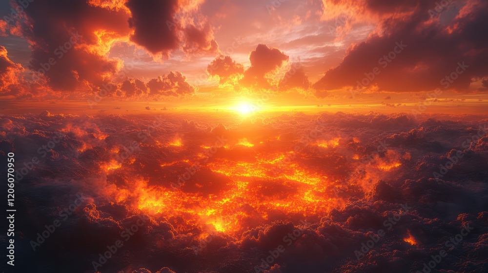 Naklejka premium Breathtaking View of Vibrant Fiery Sunset Sky with Clouds and Bright Orange Glow