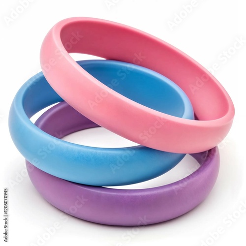 set of women's bracelets on hand in purple, blue and pink on white background