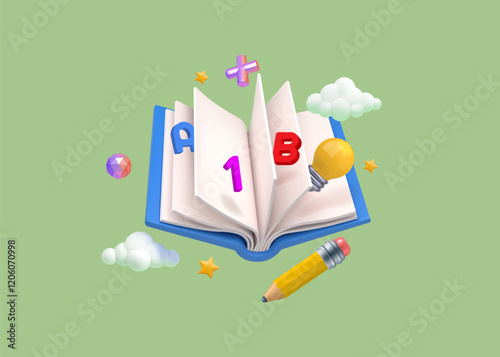 3d study icons. School book or dictionary notebook, open diary for student knowledge. Pen, document and lightbulb. Render glossy isolated elements flying. Minimal icon. Vector education concept