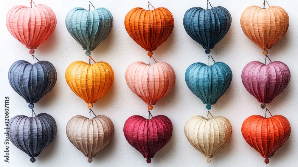 Fototapeta premium Colorful Heart-Shaped Decorations in a Grid Pattern