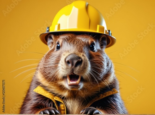 Construction-themed animal character wearing a hard hat and safety vest smiles at the viewer in a bright yellow setting