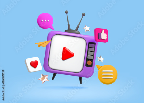 3D television icon. TV screen. Channel show. Bubble style movie concept with notification cloud or web talk action. Analog antenna. Render electronic display. Vector media broadcasting