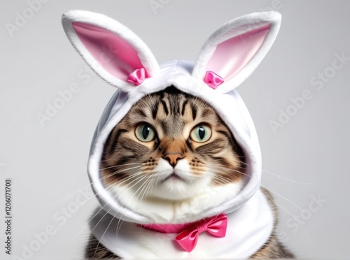 Cat dressed in a bunny costume with ears and bow tie for a playful and whimsical portrait