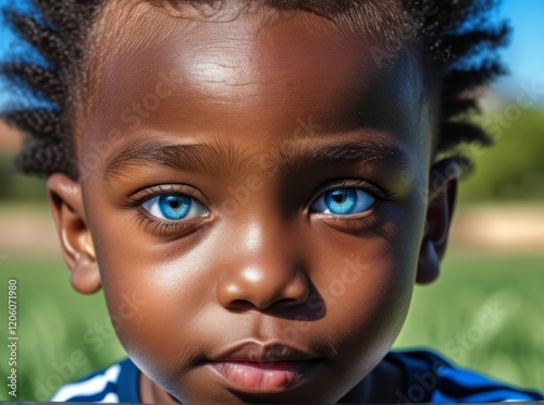 Bright blue-eyed child with textured hair gazes thoughtfully in a lush green field during daylight hours
