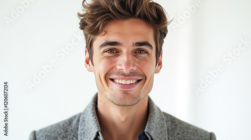 European Man Portrait – An Engaging Portrait of a Young European Man with Wavy Brown Hair, Exuding Confidence and Style. photo