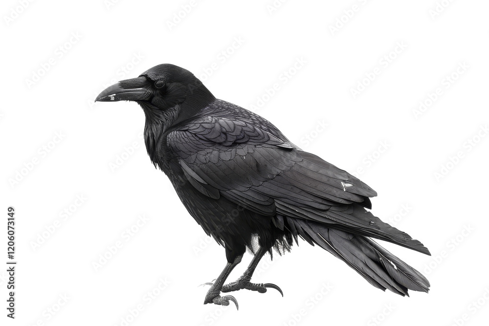 Side view of a sleek black crow isolated on white Background. Side view of a sleek black crow isolated on white Background.