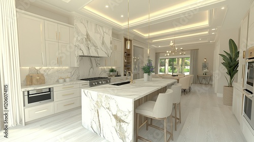 Modern kitchen island in bright home with dining area, garden view