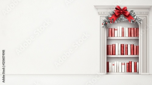 Elegant Holiday-Themed Bookshelf with Red and White Decorative Elements