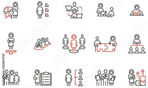 Vector Set of Linear Icons Related to Business Structure, Corporate Hierarchy, Project Management and Organization process. Mono line pictograms and infographics design elements