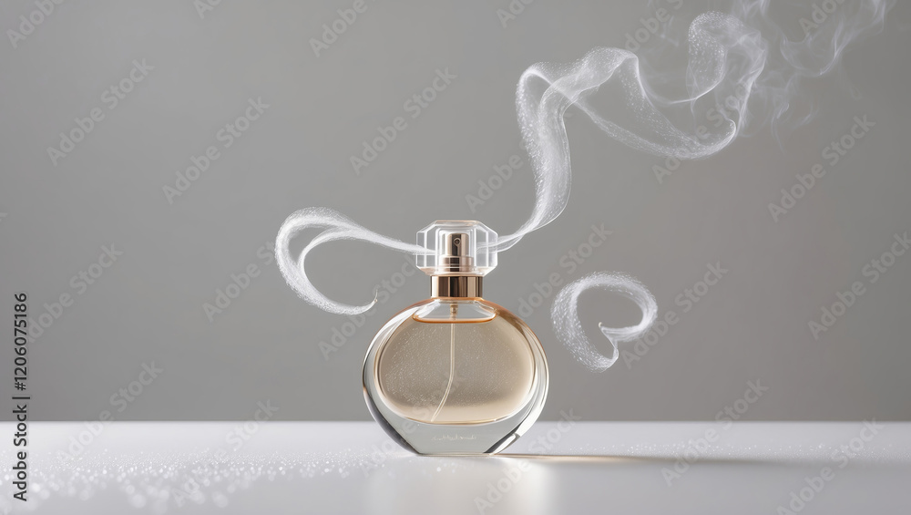 Elegant perfume bottle releasing delicate aromatic mist in soft light Elegant perfume bottle releasing delicate aromatic mist in soft light