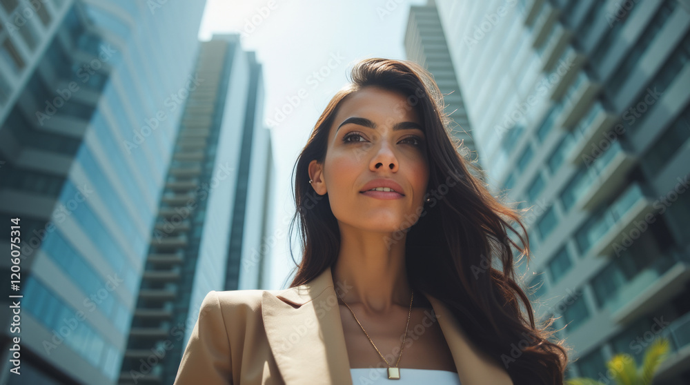 Successful Businesswoman – An extreme close-up of a Hispanic woman in contemporary chic attire, her expression exuding confidence and sophistication. Successful Businesswoman – An extreme close-up of a Hispanic woman in contemporary chic attire, her expression exuding confidence and sophistication.